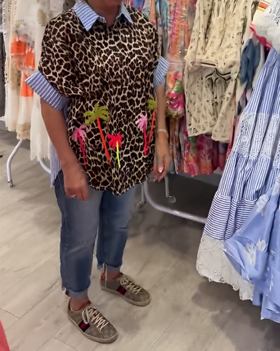 Randig Krage Leopardtryck Skjorta