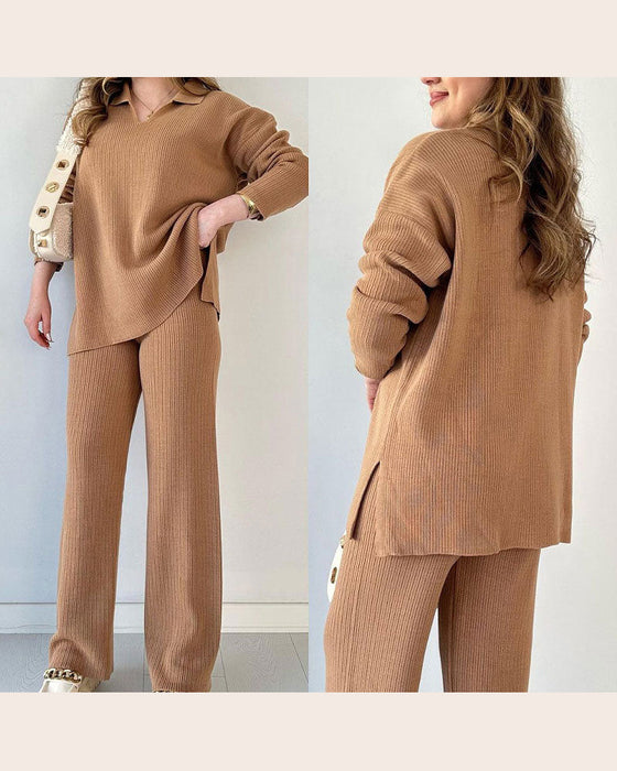 Tvådeltset Med Enfärgad Och Stickat Egenskaper