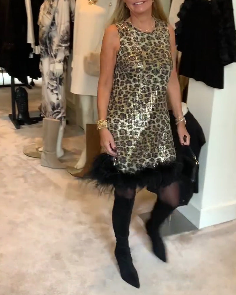 Klänning Ärmlös Leopardtryck Strutsfjäder Modig