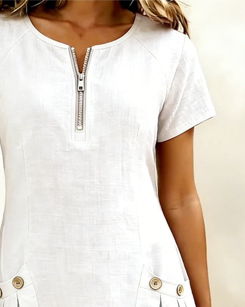Klänning Dragkedja Ficka Bomull Linne
