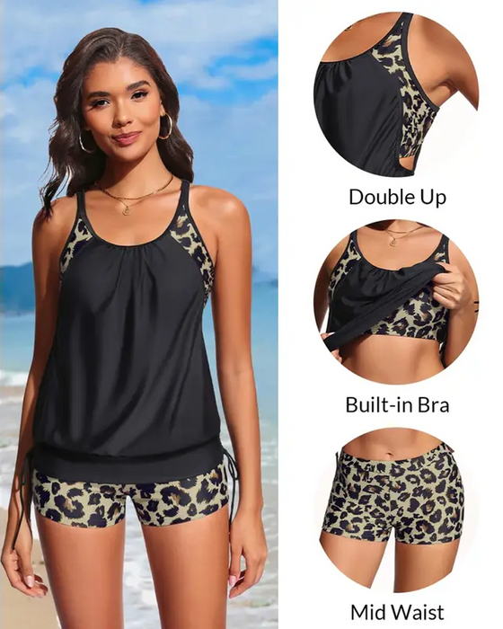 Tankini Ärmlös Leopard Lapptäcke Dragsko