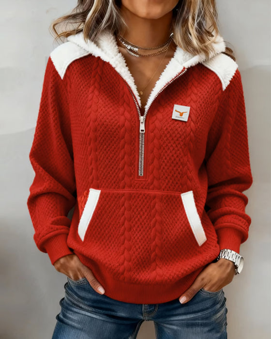 Hoodie Med Halvkrage Och Färgblock Samt Ficka