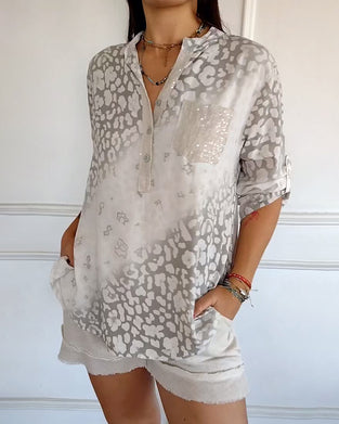 Blus avslappnad stativ krage tryckt