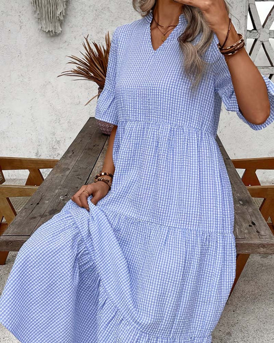 Kläning Blå Vit Gingham V-Hals