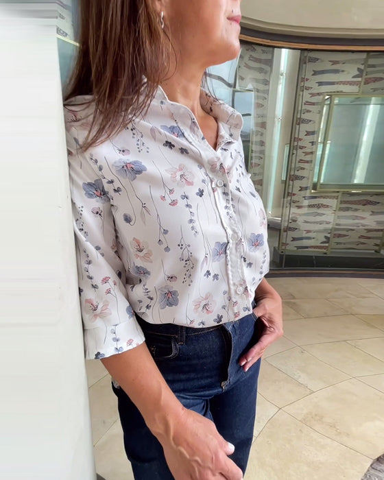 Elegant tröja med trekvartsärm i lapel med blommigt tryck