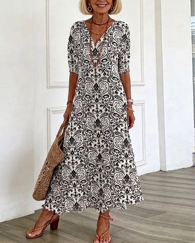 Klänning Vintage Blommönster V-Hals Maxi
