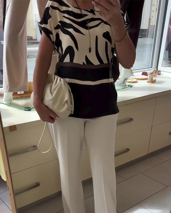 Blus Rund Hals Geometrisk Patchwork Kort Ärm