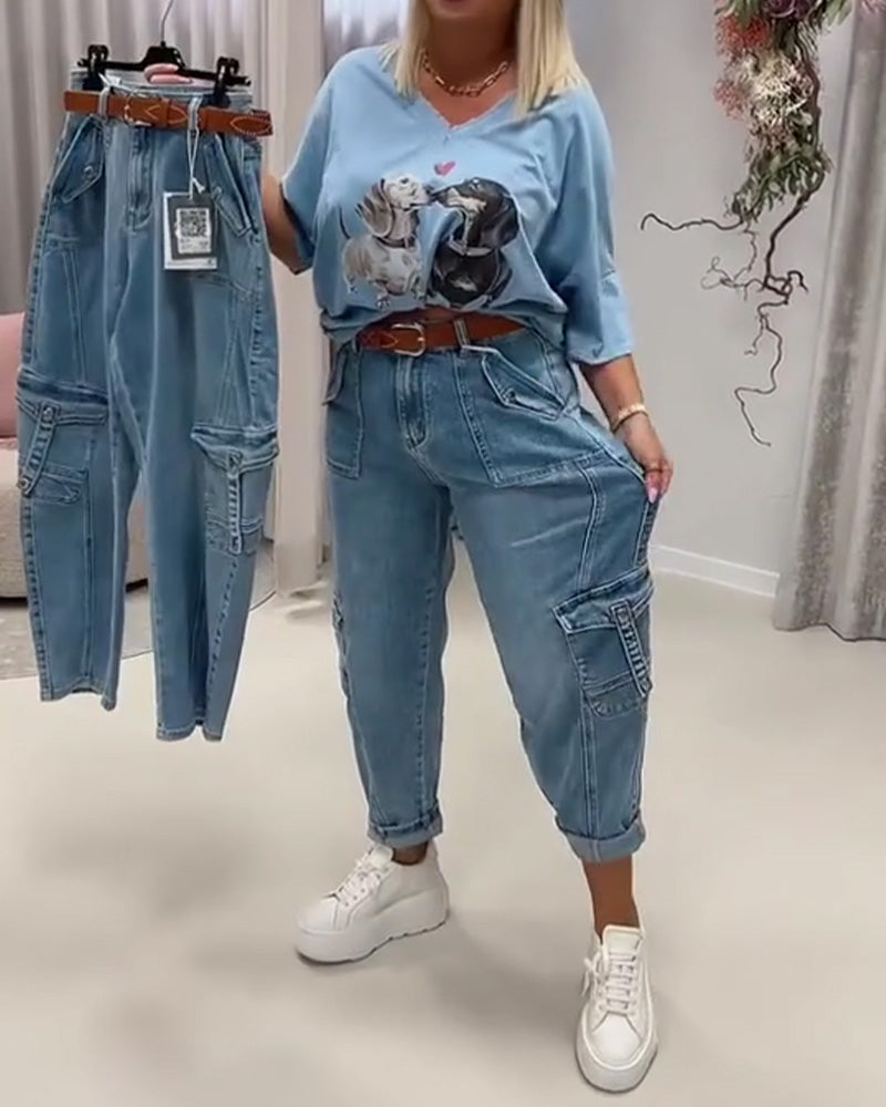 Jeans Hög Midja Cargo Stil