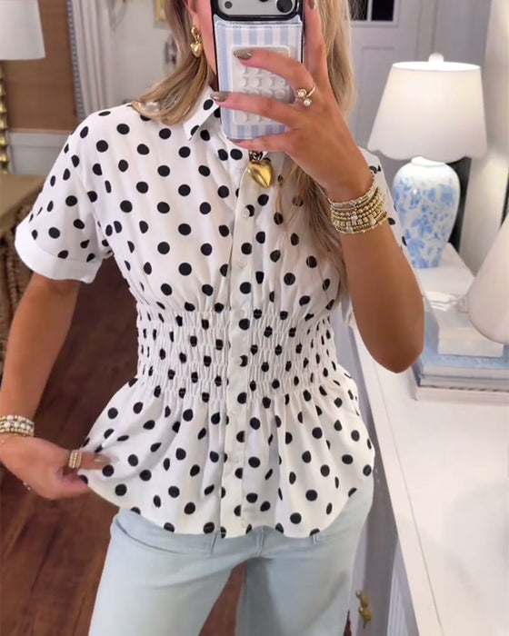 Blus Urringad Krage Prickig Rynkad Midja