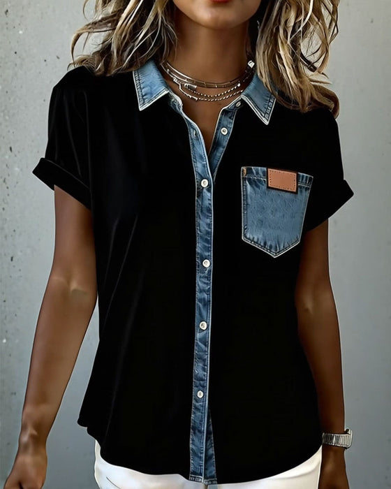 T-Shirt Denim Patchwork Nedfällbar Krage