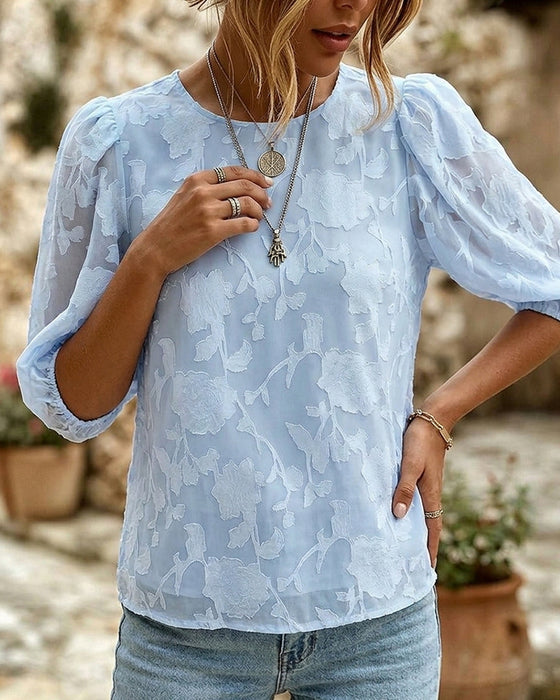 Rundhalsad Blus Med Puffärmar