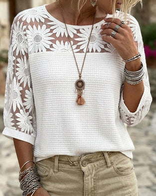 T-Shirt Runda Halsen Spets Vaffel Patchwork