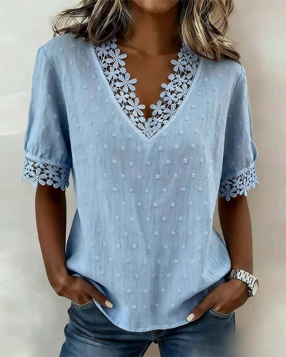 Blus Spets V-Hals 3D Blommig Solid