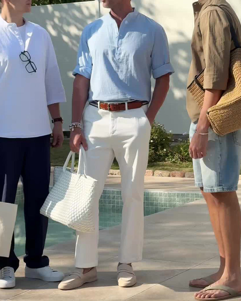 Toppar Herr Linne Bomull 3/4-Ärm Henley-Skjorta, Casual Lätt Sommar