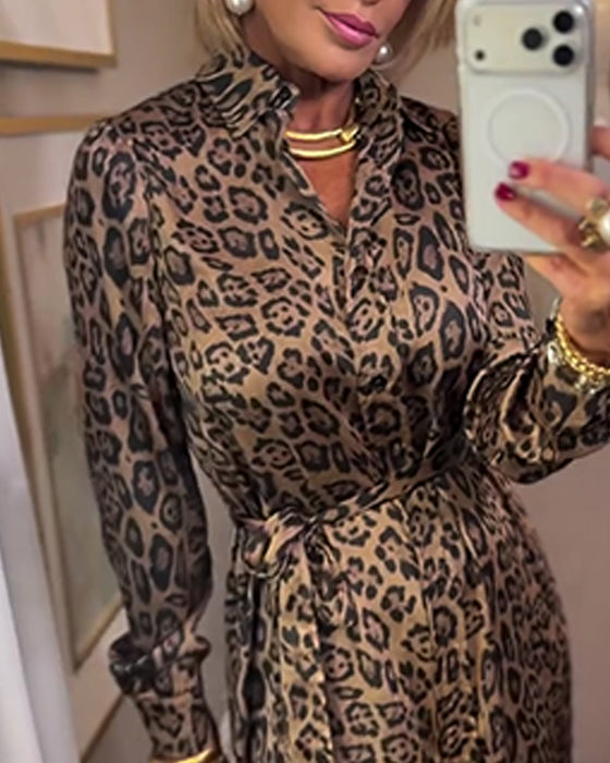 Klänning Leopard Tryck Splitt Lång Ärm
