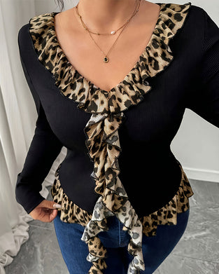 Top V-Hals Ruffle Leopard Tryck