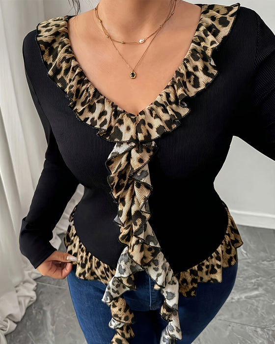 Top V-Hals Ruffle Leopard Tryck