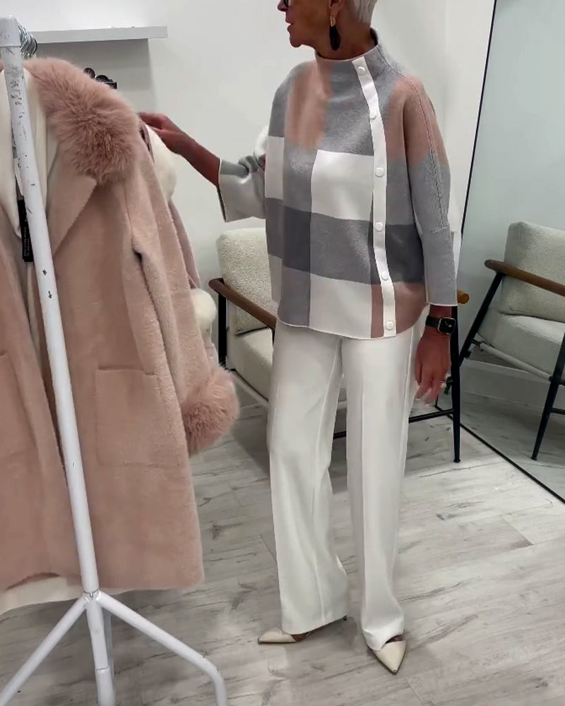 Rutig Tröja Med Långa Ärmar Och Rullekrage