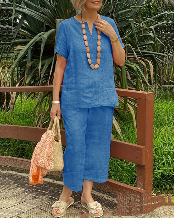 Tvådelade Set Kortärmad Skjorta Resår Midja Cropped Byxor