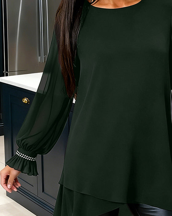 Blus Pärlbroderad Puffärm Rundhalsringning