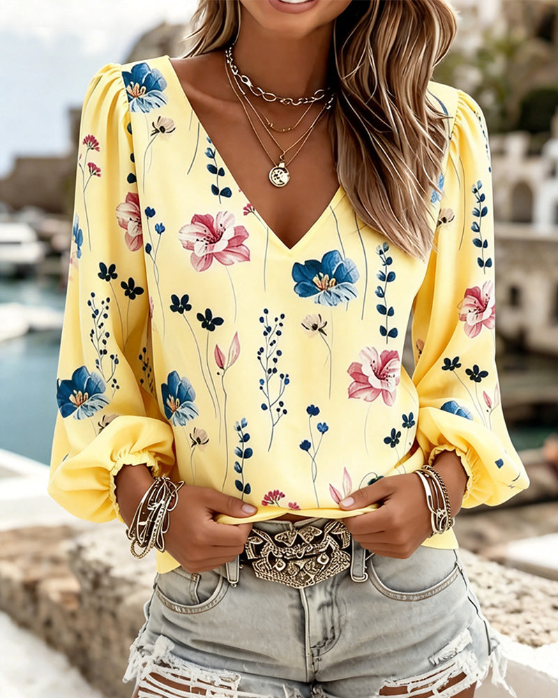Blus Lykta Ärm V-Hals Blommig