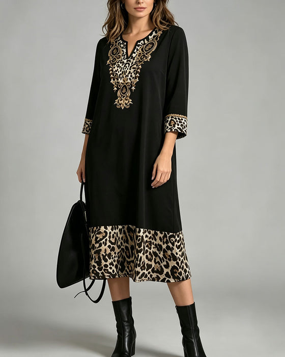 Dress Mini V-Hals Leopard Tryck Patchwork Löst