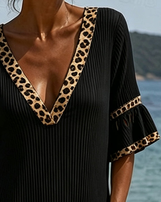 Klänning V-Hals Ruffle Leopard Patchwork
