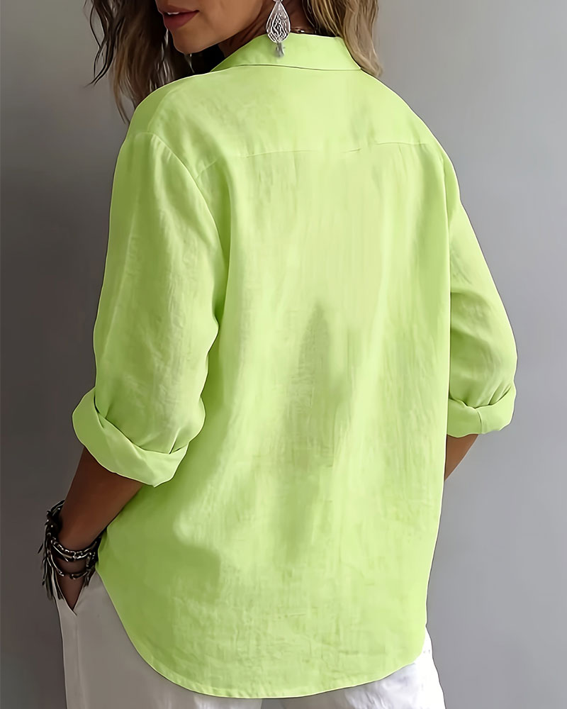 Blus Enfärgad Krage Halvknäppning Långärmad