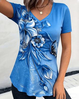 T-Shirt Blommig V-Hals Kortärmad