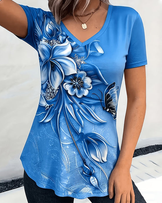 T-Shirt Blommig V-Hals Kortärmad