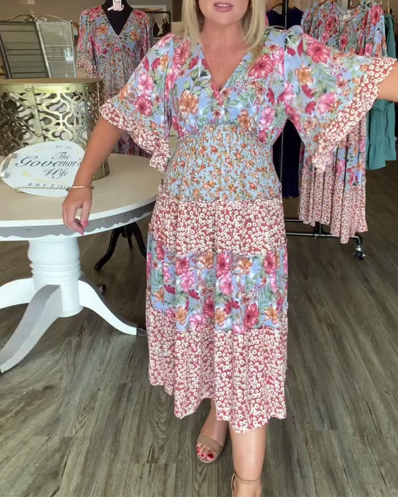 Klänning V-Ringning Lotuskärm Blommig