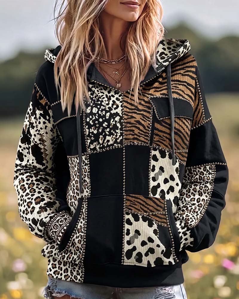 Hoodie Leopardmönster Lapptäcke Casual