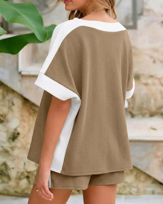 Set Färgblock Kort Ärm Shorts Avslappnad