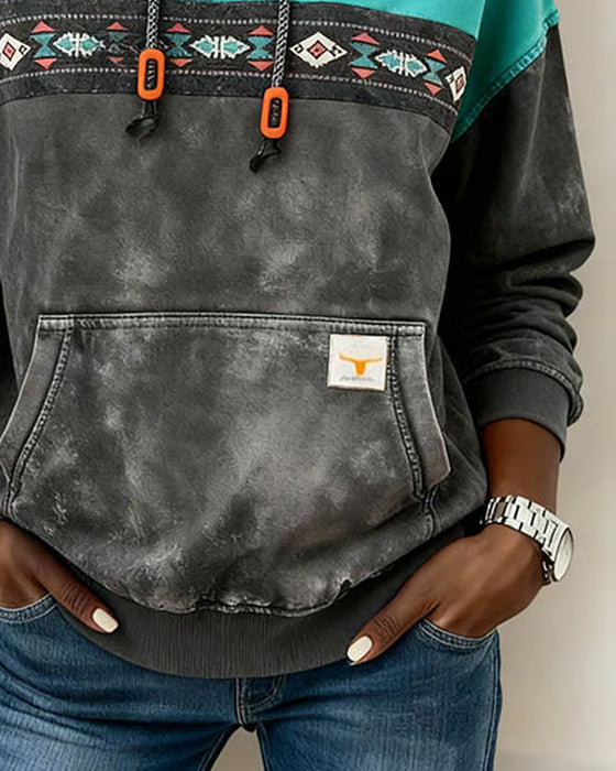 Retro Hoodie Med Ficka Och Färgblockning