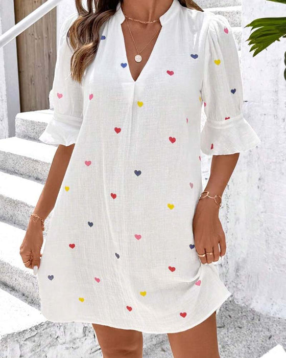 Klänning Färgglad Hjärtentryck V-Ringning