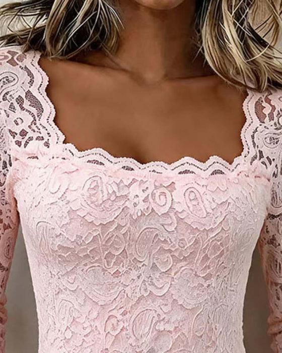 Blus Fyrkantig Hals Spets Patchwork