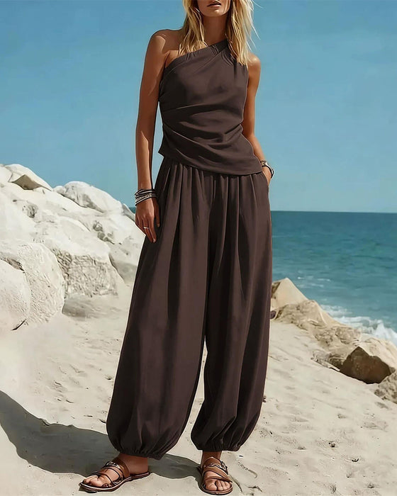 Set Enaxlad Tank Top Hög Midja Byxor