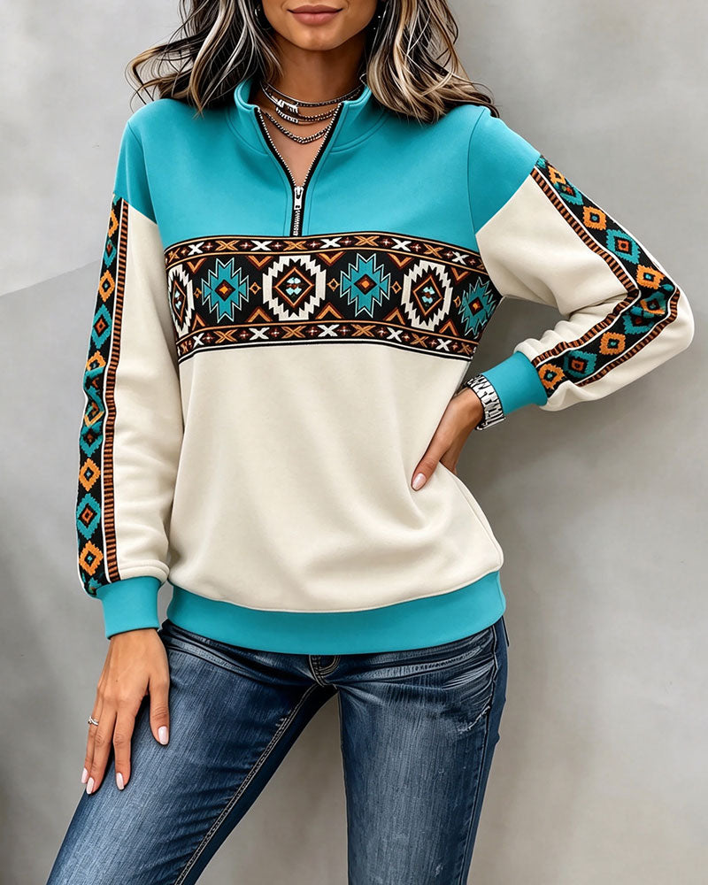 Hoodie Etnisk Geometrisk Print Halvdragkedja Mandarin Krage