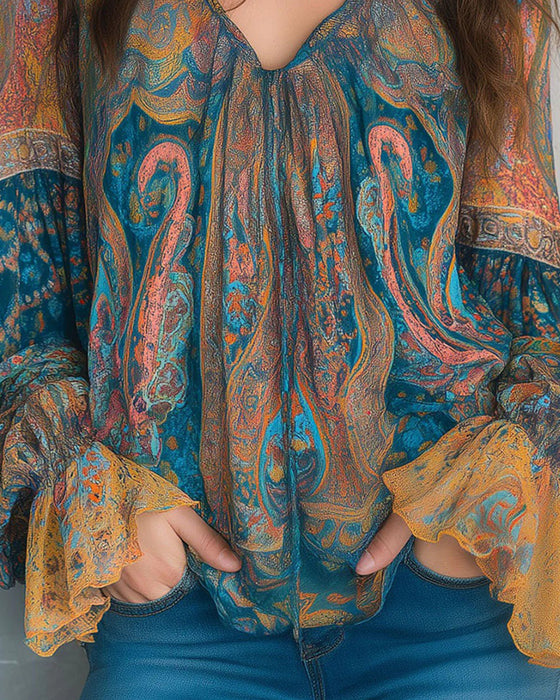 Bohemisk V-Ringad Blus Med Utsvängda Ärmar