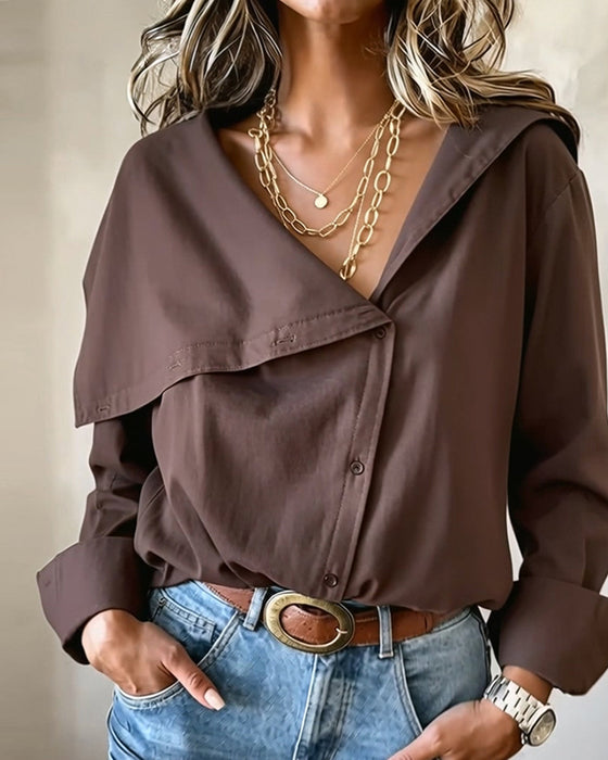 Blus Djup V Asymmetrisk Knapp Slag
