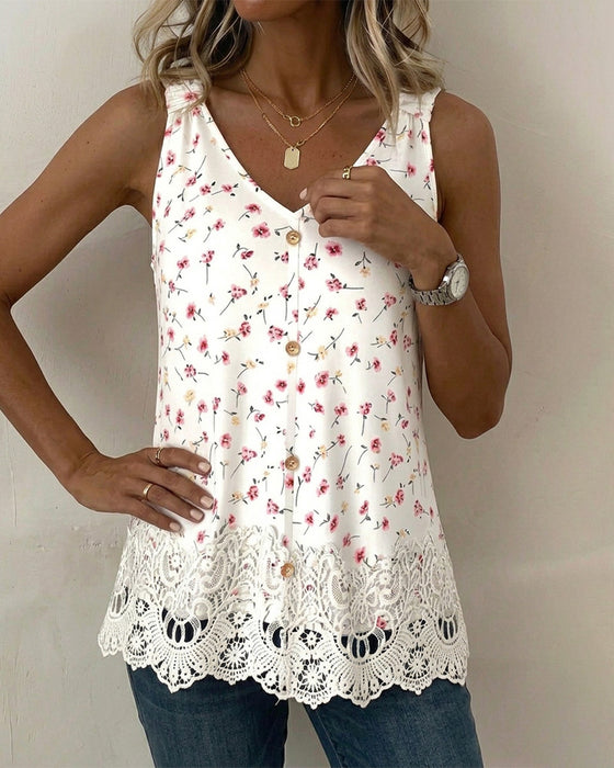 Tank Top V-Hals Spagettiband Blommig Spets Patchwork
