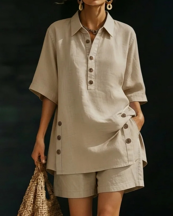 Tvådelad Set Skjortkrage Halvknäppning Casual