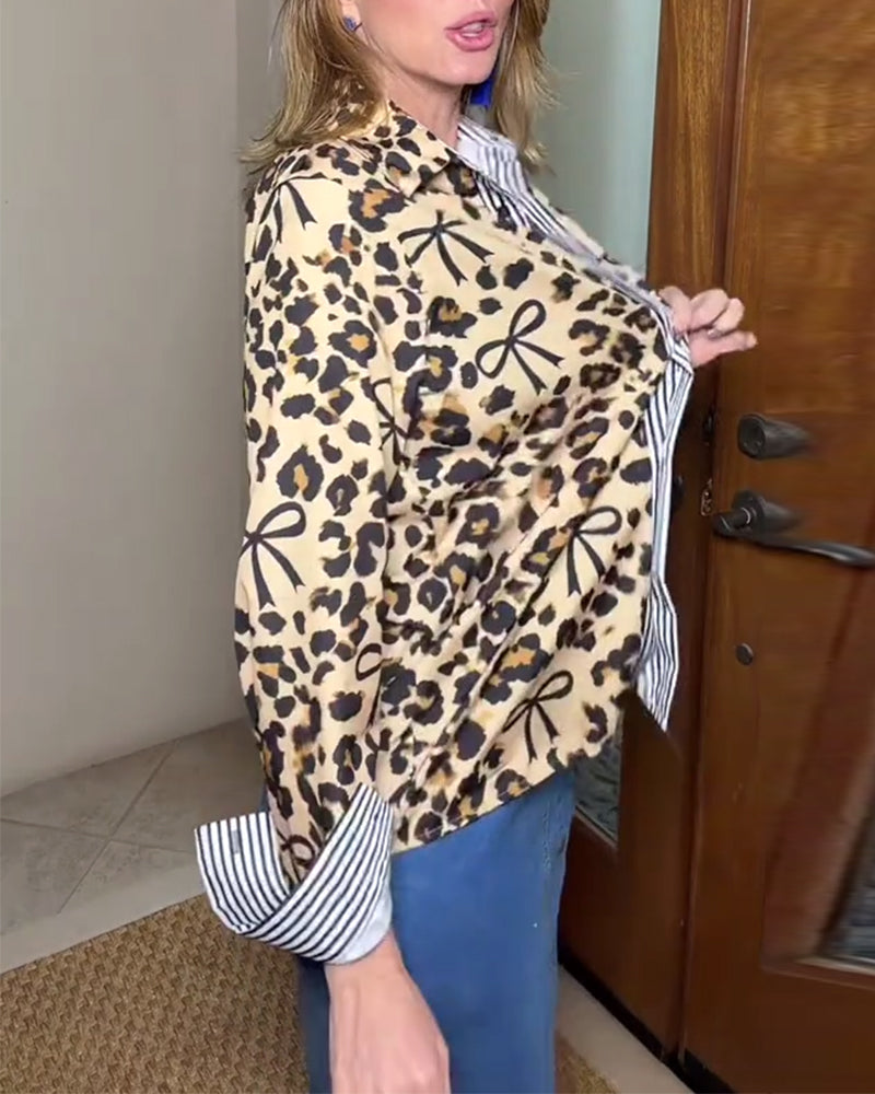 Skjorta med leopardmönster och färgblock, avslappnad passform