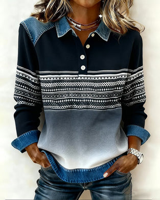 Tröja Med Knapp Lapel Design, Randad Mönster Och Gradient Färg