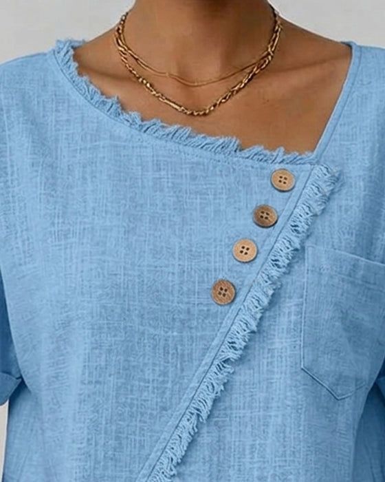 Blouse Rå Kant Snedsydd Knapp Kortärmad