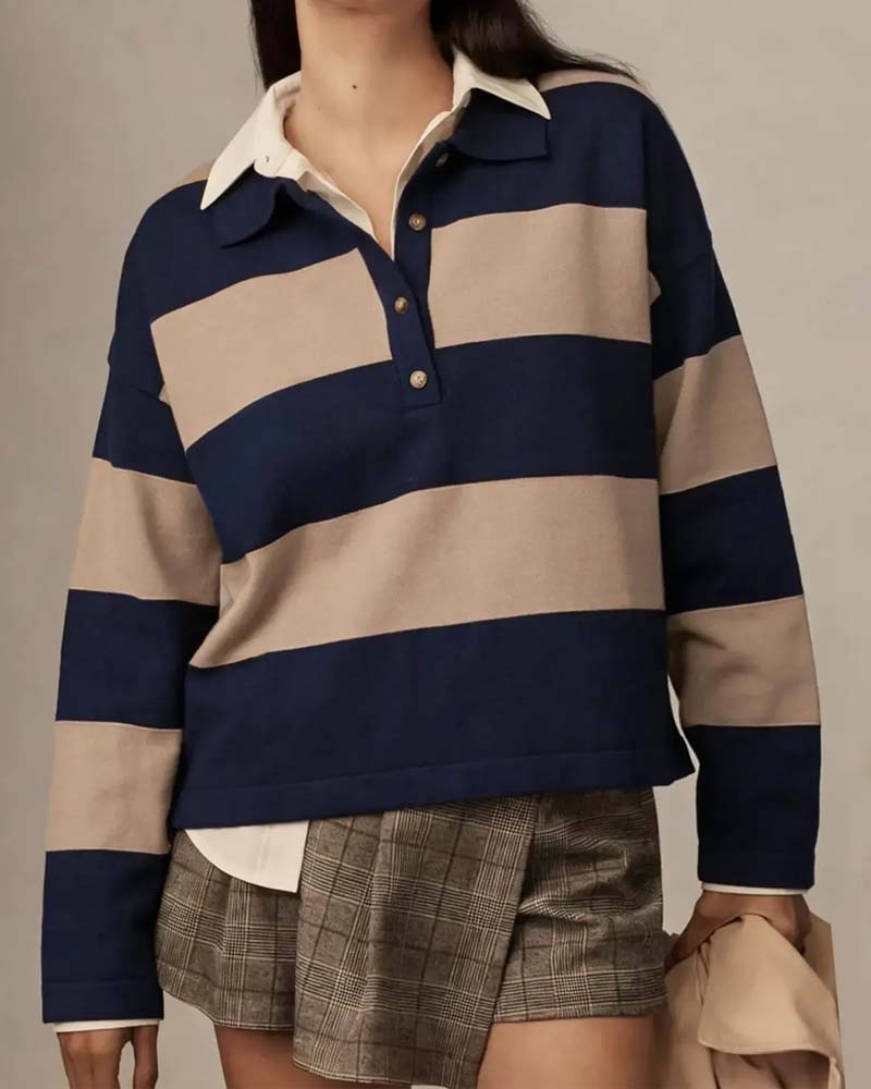 Pullover Med Bred Randig Knappad Krage
