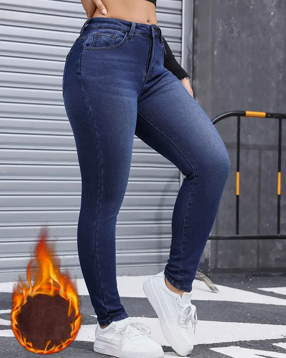 Jeans Dam Fleecefodrad Enfärgad Ficka