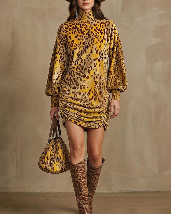 Klänning Hög Hals Leopard Lykta Ärm Elegant