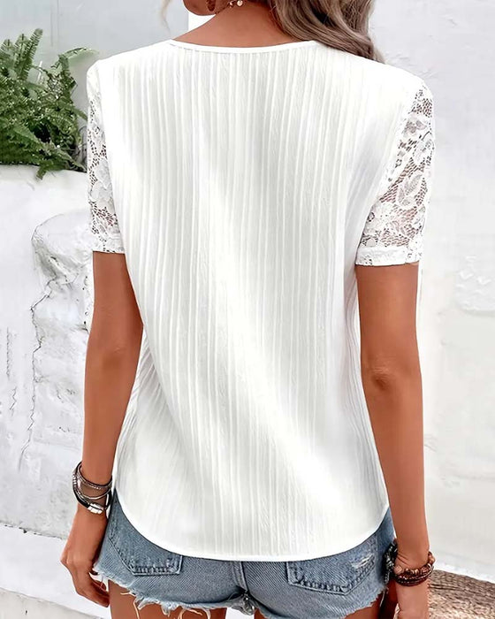 Blus V-Ringad Enfärgad Spetsdetaljer