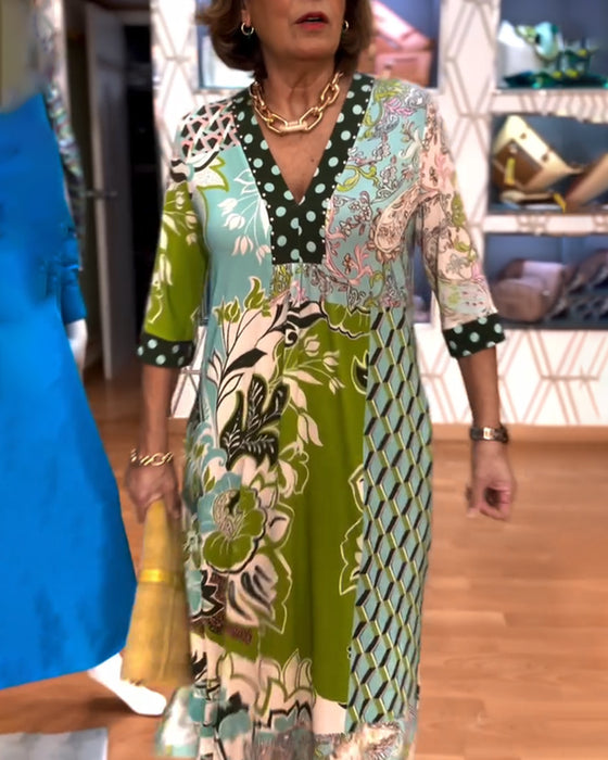 V-hals Klänning Med Vintage-tryck Och Spalt-Design